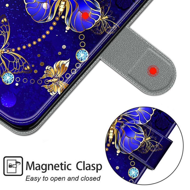 Θήκη Flip Samsung Galaxy S22 Ultra 5G με κορδονι Ανεμιστήρας Strap Butterflies